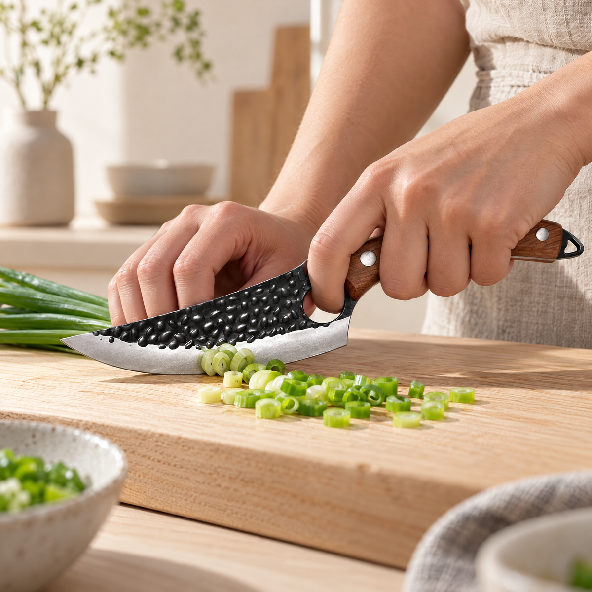 Slicing spring onions with the Kiba Knife on a light wood cutting board
