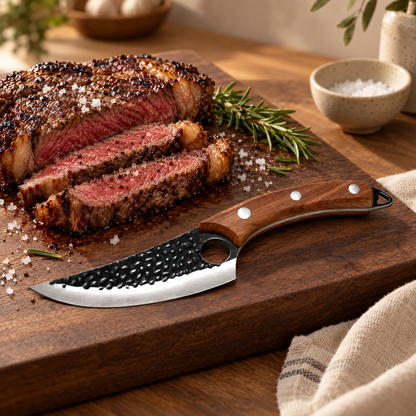 The Kiba Knife next to sliced ribeye steak with rosemary and sea salt