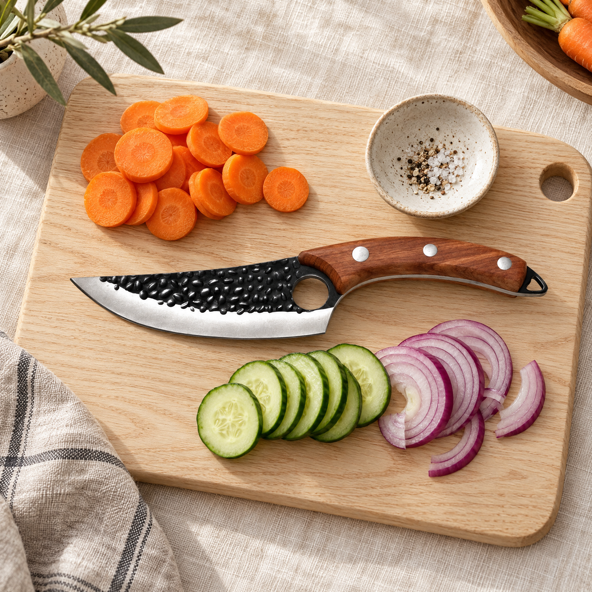 The Kiba Knife on a wooden board with sliced carrots, cucumber and red onion