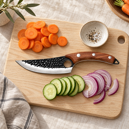 The Kiba Knife on a wooden board with sliced carrots, cucumber and red onion