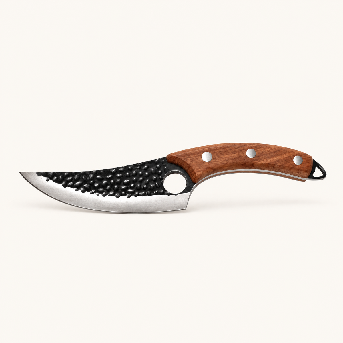 The Kiba Knife side profile – curved 5.9 inch hammered blade with finger hole